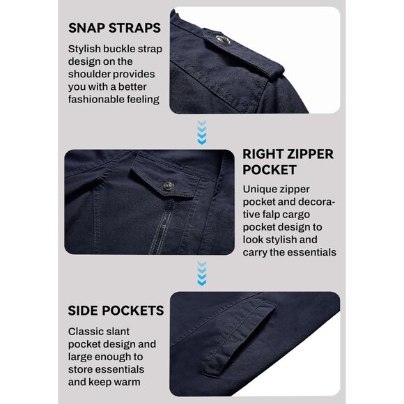 Men's Navy  Winter Cargo Fleece Sherpa Lined Casual Windproof Bomber Jacket - Picture 5 of 6